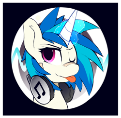 Size: 1280x1255 | Tagged: safe, alternate version, artist:kribbles, imported from derpibooru, dj pon-3, vinyl scratch, pony, unicorn, :p, bandaid, bandaid on nose, bust, button, cute, female, glowing horn, headphones, horn, magic, magic aura, mare, one eye closed, portrait, solo, tongue out, vinylbetes, wink