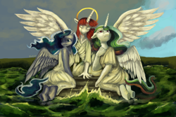 Size: 6000x4000 | Tagged: safe, artist:misstwipietwins, imported from derpibooru, princess celestia, princess luna, oc, oc:fausticorn, alicorn, anthro, unguligrade anthro, absurd resolution, clothes, crying, faust worship, female, goddess, halo, hand on chest, horn, signature, spread wings, trio, trio female, wings