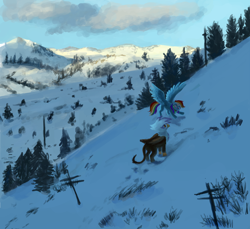 Size: 6000x5496 | Tagged: safe, artist:misstwipietwins, imported from derpibooru, gilda, rainbow dash, griffon, pegasus, pony, absurd resolution, cloud, duo, female, mare, mountain, pole, scenery, snow, spread wings, tree, wings