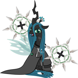 Size: 2840x2858 | Tagged: safe, artist:sketchmcreations, imported from derpibooru, queen chrysalis, changeling, changeling queen, axel, chakram, clothes, coat, disney, female, kingdom hearts, looking at you, nobody, organization xiii, raised hoof, simple background, sitting, smiling, solo, transparent background, vector, weapon