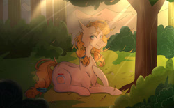 Size: 1663x1034 | Tagged: safe, artist:casteyla, imported from derpibooru, pear butter, pony, crepuscular rays, female, flower, flower in hair, forest, hoof on chest, petals, prone, smiling, solo, tree