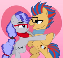 Size: 2260x2100 | Tagged: safe, artist:flawlessvictory20, imported from derpibooru, oc, oc:cinnabyte, oc:soundwave, adorkable, cinnabetes, cute, dancing, dork, female, heart, male, mare, shipping, stallion