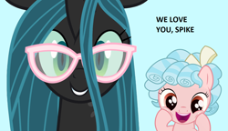 Size: 1328x766 | Tagged: safe, artist:chrysipuff, artist:earlpeterg, edit, imported from derpibooru, cozy glow, queen chrysalis, adorkable, cozy glow is best facemaker, cozybetes, cute, cutealis, dork, dorkalis, glassalys, glasses, implied cozyspike, implied spike, shipping, spike gets all the mares, spike gets all the villainesses