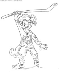 Size: 981x1200 | Tagged: safe, artist:kaemantis, imported from derpibooru, plaid stripes, anthro, unguligrade anthro, bandage, black and white, clothes, commission, grayscale, hockey, hockey stick, ice skates, monochrome, signature, simple background, solo, sports, white background