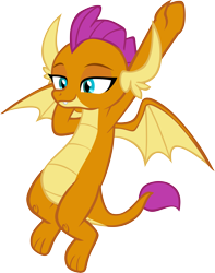 Size: 4599x5851 | Tagged: safe, artist:memnoch, imported from derpibooru, smolder, dragon, molt down, amused, arm behind head, dragoness, fangs, female, hanging, horns, lidded eyes, looking down, raised eyebrows, show accurate, simple background, slit eyes, slit pupils, smiling, smirk, smugder, solo, spread wings, teenaged dragon, teenager, toes, transparent background, vector, wings