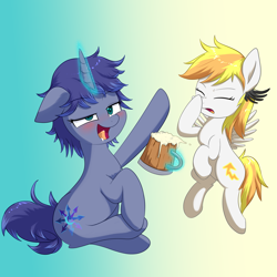 Size: 3029x3029 | Tagged: safe, artist:yinglongfujun, artist:yinglung, imported from derpibooru, oc, oc:moonlight toccata, oc:stormy squall, pegasus, pony, unicorn, alcohol, bad influence, beer, blushing, cross-eyed, drunk, duo, facehoof, magic, magic aura