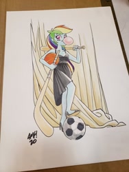 Size: 1536x2048 | Tagged: safe, artist:tonyfleecs, imported from derpibooru, rainbow dash, equestria girls, bubblegum, clothes, commission, dress, food, football, gum, racket, rainbow dash always dresses in style, sports, traditional art