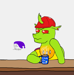 Size: 623x625 | Tagged: safe, artist:silly sleeper, imported from derpibooru, oc, oc:berzie, changedling, changeling, bored, hard hat, mug