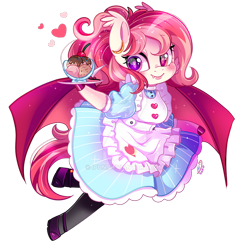 Size: 800x800 | Tagged: safe, artist:ipun, imported from derpibooru, oc, oc only, oc:blood moon, anthro, bat pony, unguligrade anthro, anthro oc, apron, arm hooves, bat pony oc, clothes, deviantart watermark, dress, fangs, female, food, friendship cafe, heart, heterochromia, ice cream, maid, mare, obtrusive watermark, shoes, simple background, socks, solo, transparent background, watermark