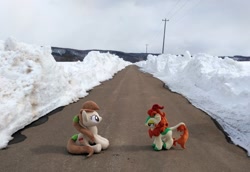 Size: 2080x1428 | Tagged: safe, artist:hihin1993, imported from derpibooru, autumn blaze, oc, oc:pirika, irl, japan, photo, plushie, road, snow