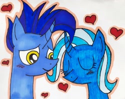 Size: 2220x1755 | Tagged: safe, artist:melisareb, imported from derpibooru, hoo'far, trixie, pony, unicorn, blushing, bust, duo, eyes closed, female, heart, i can't believe it's not 徐詩珮, lidded eyes, male, mare, shipping, stallion, straight, traditional art, trixfar