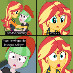 Size: 2500x2500 | Tagged: safe, artist:lms1872, imported from derpibooru, drama letter, sunset shimmer, watermelody, equestria girls, background human, beret, black shirt, bobcut, canterlot high, classroom, comic, female, hat, humor, joke, lockers, missing accessory, parody