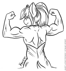 Size: 922x1000 | Tagged: safe, artist:kaemantis, imported from derpibooru, part of a set, sonata dusk, anthro, biceps, black and white, clothes, commission, dress, female, flexing, grayscale, looking at you, looking back, looking back at you, monochrome, muscles, muscular female, signature, simple background, smiling, solo, swolenata dusk, white background