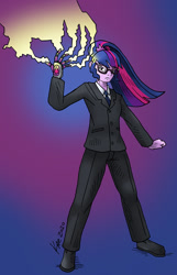 Size: 771x1200 | Tagged: safe, artist:kaemantis, imported from derpibooru, sci-twi, twilight sparkle, equestria girls, clothes, commission, crossover, female, glasses, gradient background, kaijudo, pants, purple background, signature, simple background, solo, suit