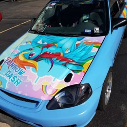 Size: 1000x1000 | Tagged: safe, artist:jinzhan, imported from derpibooru, rainbow dash, pegasus, pony, honda dash, car, female, honda, honda civic, irl, itasha, iwtcird, license plate, mare, meme, photo, solo, text