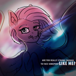 Size: 1920x1920 | Tagged: safe, artist:silverst, artist:tanatos, imported from derpibooru, oc, oc only, oc:silver dust, pony, demonic, female, light blue hair, mare, mouth hold, pegasus oc, purple eyes, redraw, solo, sword, weapon, wings