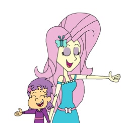 Size: 1233x1205 | Tagged: safe, artist:hunterxcolleen, imported from derpibooru, fluttershy, human, equestria girls, equestria girls series, so much more to me, bubble guppies, clothes, crossover, duo, eyes closed, gloves, not scootaloo, oona, oona (bubble guppies), open mouth, raised hand, simple background, singing, stars, white background