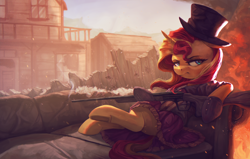 Size: 4000x2550 | Tagged: safe, artist:vanillaghosties, imported from derpibooru, sunset shimmer, pony, unicorn, equestria girls, building, bullet hole, clothes, couch, dress, female, fire, gun, hat, high res, mare, ruins, scenery, sitting, solo, top hat, town, unamused, underhoof, weapon