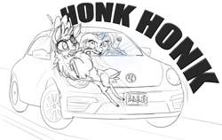 Size: 1391x878 | Tagged: safe, imported from derpibooru, rarity, velvet reindeer, deer, them's fightin' herds, beep beep, car, community related, crossover, driving, drunk, honk honk, velvet (tfh), volkswagen, volkswagen beetle, vulgar description