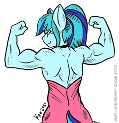 Size: 922x954 | Tagged: safe, artist:kaemantis, deleted from derpibooru, edit, imported from derpibooru, part of a set, sonata dusk, anthro, back muscles, biceps, buff, clothes, commission, dress, flexing, looking back, muscles, muscular female, smiling, solo, swolenata dusk