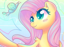 Size: 1280x953 | Tagged: safe, artist:musicfirewind, artist:wavecipher, imported from derpibooru, fluttershy, butterfly, pegasus, pony, blushing, bust, cute, female, looking at something, mare, shyabetes, solo, spread wings, three quarter view, wings