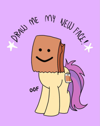Size: 795x1005 | Tagged: safe, imported from derpibooru, oc, oc only, oc:paper bag, earth pony, pony, draw me my new face, exploitable meme, female, mare, meme, oof, paper bag, purple background, roblox, simple background, solo