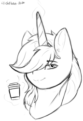 Size: 983x1431 | Tagged: safe, artist:flashnoteart, imported from derpibooru, oc, oc only, oc:flashnote, pony, unicorn, black and white, bust, coffee cup, cup, grayscale, male, monochrome, portrait, sketch, solo