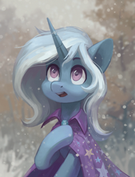 Size: 1500x1960 | Tagged: safe, artist:koviry, imported from derpibooru, trixie, pony, unicorn, cape, clothes, cute, female, mare, sitting, snow, solo, trixie's cape