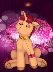Size: 1969x2663 | Tagged: safe, artist:69beas, imported from derpibooru, oc, oc only, oc:jessie feuer, pony, unicorn, collar, colored hooves, disco, ear fluff, eyes closed, eyeshadow, female, frog (hoof), happy, makeup, mare, mp3 player, sitting, smiling, solo, underhoof