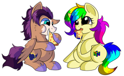 Size: 1280x788 | Tagged: safe, artist:rainbowtashie, imported from derpibooru, flash sentry, trouble shoes, oc, oc:fast hooves, oc:rainbow tashie, clydesdale, earth pony, pegasus, pony, belly, belly button, chubby, commissioner:bigonionbean, cute, food, fusion, fusion:fast hooves, fusion:flash sentry, fusion:trouble shoes, meat, multicolored hair, pepperoni, pepperoni pizza, pizza, rainbow hair, simple background, transparent background, unshorn fetlocks, weight gain, writer:bigonionbean