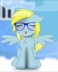 Size: 1252x1536 | Tagged: safe, artist:bastbrushie, imported from derpibooru, oc, oc only, oc:cloud cuddler, pegasus, :p, animated, blushing, cloudsdale, cute, eyes closed, female, glasses, no sound, tongue out, webm