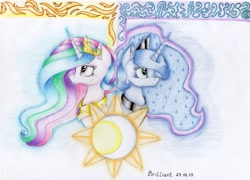 Size: 3451x2481 | Tagged: safe, artist:brilliant-luna, imported from derpibooru, princess celestia, princess luna, alicorn, pony, bust, duo, female, jewelry, mare, profile, regalia, royal sisters, smiling, traditional art