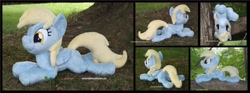 Size: 4710x1754 | Tagged: safe, artist:peruserofpieces, imported from derpibooru, derpy hooves, pegasus, pony, beanie (plushie), cute, derpabetes, female, folded wings, happy, irl, mare, photo, plushie, prone, silly, smiling, solo, tree, upside down, wings