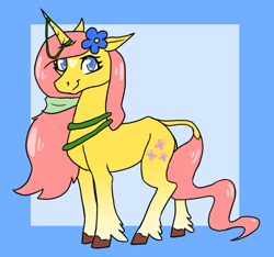 Size: 820x768 | Tagged: safe, artist:awesomewaffle11, imported from derpibooru, fluttershy, pony, unicorn, leak, spoiler:g5, female, flower, flower in hair, fluttershy (g5 concept leak), fluttershy (g5), g5, g5 concept leak style, g5 concept leaks, hooves, mare, redesign, simple background, smiling, solo, unicorn fluttershy, vine