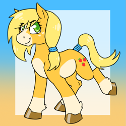 Size: 769x768 | Tagged: safe, artist:awesomewaffle11, imported from derpibooru, applejack, earth pony, pony, leak, spoiler:g5, applejack (g5 concept leak), applejack (g5), coat markings, female, g5, g5 concept leak style, g5 concept leaks, hooves, mare, raised hoof, redesign, simple background, smiling, solo