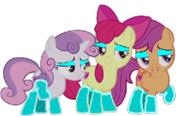 Size: 814x538 | Tagged: safe, artist:angrymetal, imported from derpibooru, apple bloom, scootaloo, sweetie belle, hard to say anything, 1000 hours in ms paint, clothes, cutie mark, cutie mark crusaders, flirting, makeup, simple background, socks, the cmc's cutie marks, transparent background