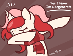 Size: 1014x788 | Tagged: safe, artist:redpalette, imported from derpibooru, oc, oc only, oc:red palette, pony, unicorn, clothes, dab, female, freckles, mare, meme, red, scarf