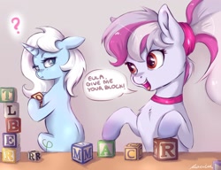 Size: 1280x985 | Tagged: safe, artist:buttersprinkle, imported from derpibooru, oc, oc only, oc:eula phi, oc:windbreaker, pegasus, pony, unicorn, blocks, commission, duo, female, floppy ears, implied macro, looking back, simple background, text