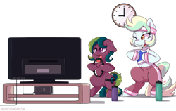 Size: 998x631 | Tagged: safe, artist:tikrs007, imported from derpibooru, oc, oc only, earth pony, pony, bipedal, clothes, exercise, female, mare, pants, ring fit adventure, ring fit adventures, sports bra, sweatpants, television