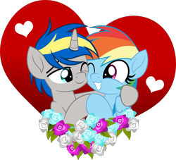 Size: 5000x4545 | Tagged: safe, artist:jhayarr23, imported from derpibooru, part of a set, rainbow dash, oc, oc:dopami korpela, pegasus, pony, unicorn, canon x oc, dopadash, female, flower, heart, holiday, hug, male, mare, movie accurate, shipping, simple background, stallion, straight, transparent background, valentine's day, vector, ych result