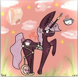 Size: 828x823 | Tagged: safe, artist:kittycatrittycat, imported from derpibooru, oc, oc:rose tea (spetu), unicorn, blanket, cute, fancy, flower, food, freckles, heart, magical, raised hoof, rose, strawberry milk, tea, wheelchair