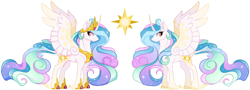 Size: 2574x925 | Tagged: safe, artist:celticsphinx, imported from derpibooru, princess celestia, alicorn, pony, leak, spoiler:g5, crown, curved horn, female, g5, g5 concept leak style, hoof shoes, horn, jewelry, mare, princess celestia (g5), redesign, regalia, simple background, solo, spread wings, white background, wings