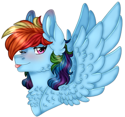 Size: 1333x1251 | Tagged: safe, artist:artistcoolpony, imported from derpibooru, rainbow dash, pegasus, pony, bust, chest fluff, cute, dashabetes, female, mare, one eye closed, simple background, solo, spread wings, tongue out, transparent background, wings