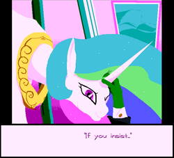 Size: 640x580 | Tagged: safe, artist:cammy, imported from derpibooru, princess celestia, oc, oc:anon, alicorn, human, pony, /mlp/, 4chan, animated, drawthread, female, gif, grin, hand, head pat, horn, horn grab, male, mare, offscreen character, offscreen male, one eye closed, pat, patting, smiling, text