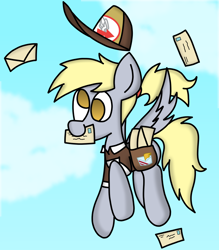 Size: 4152x4729 | Tagged: safe, artist:rainbowbacon, imported from derpibooru, derpy hooves, pegasus, pony, cloud, cute, derpabetes, female, flying, hat, letter, mail, mailbag, mailmare, mailpony, mouth hold, ponytail, sky, solo, spread wings, wings