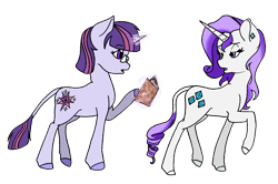 Size: 1729x1146 | Tagged: safe, artist:aurorastar1, imported from derpibooru, rarity, twilight sparkle, pony, unicorn, leak, spoiler:g5, book, duo, female, g5, g5 concept leak style, g5 concept leaks, glasses, hooves, levitation, magic, magic aura, mare, raised hoof, rarity (g5 concept leak), rarity (g5), redesign, simple background, telekinesis, transparent background, twilight sparkle (g5 concept leak), twilight sparkle (g5), unicorn twilight