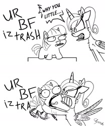 Size: 1280x1531 | Tagged: safe, artist:chopsticks, imported from derpibooru, princess cadance, twilight sparkle, alicorn, pony, unicorn, abuse, angry, black and white, choking, comic, dialogue, female, filly, grayscale, mare, marker, monochrome, open mouth, ponytail, princess bitchdance, reference, simple background, simpsons did it, strangling, teen princess cadance, text, the simpsons, twibitch sparkle, twiggie, twilybuse, white background, why you little, yelling