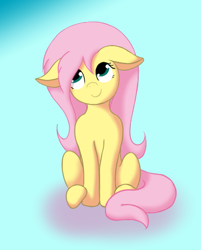 Size: 410x510 | Tagged: safe, artist:ponutabyss, imported from derpibooru, fluttershy, pegasus, pony, blue background, cute, female, floppy ears, mare, shyabetes, simple background, sitting, smiling, solo