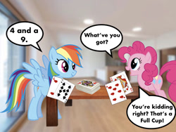 Size: 1024x768 | Tagged: artist needed, safe, edit, imported from derpibooru, vector edit, pinkie pie, rainbow dash, card, card game, cups (card game), deck of cards, f.r.i.e.n.d.s, house, mixed media, speech bubble, table, vector