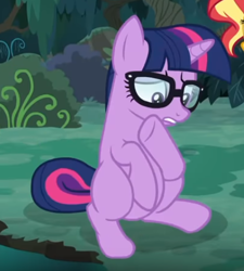 Size: 430x478 | Tagged: safe, imported from derpibooru, screencap, sci-twi, twilight sparkle, pony, unicorn, equestria girls, equestria girls series, spring breakdown, spoiler:eqg series (season 2), belly, cropped, equestria girls ponified, female, glasses, ponified, sitting, solo, unicorn sci-twi